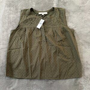 NWT Loft Cotton Sleeveless Boxy Tank Top Shirt Blouse Olive Green XS Swiss Dot